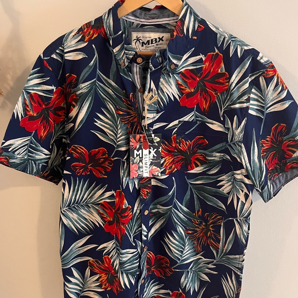 Mi Men's Floral Button Down Shirt - Blue and Red